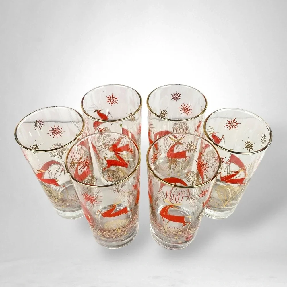 Libbey Mid Century Christmas Deer Highball Glasses SET of 6 with 22k Gold Rim